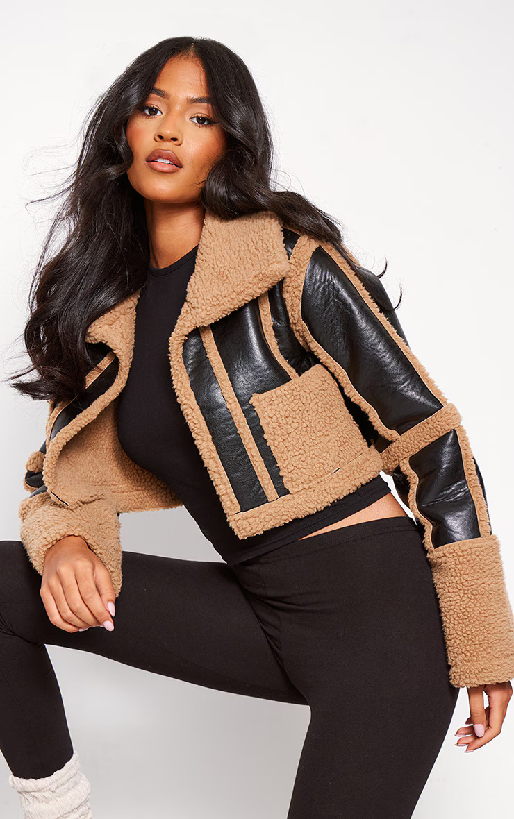 Tall Black Borg And PU Panelled Cropped Jacket | PrettyLittleThing US