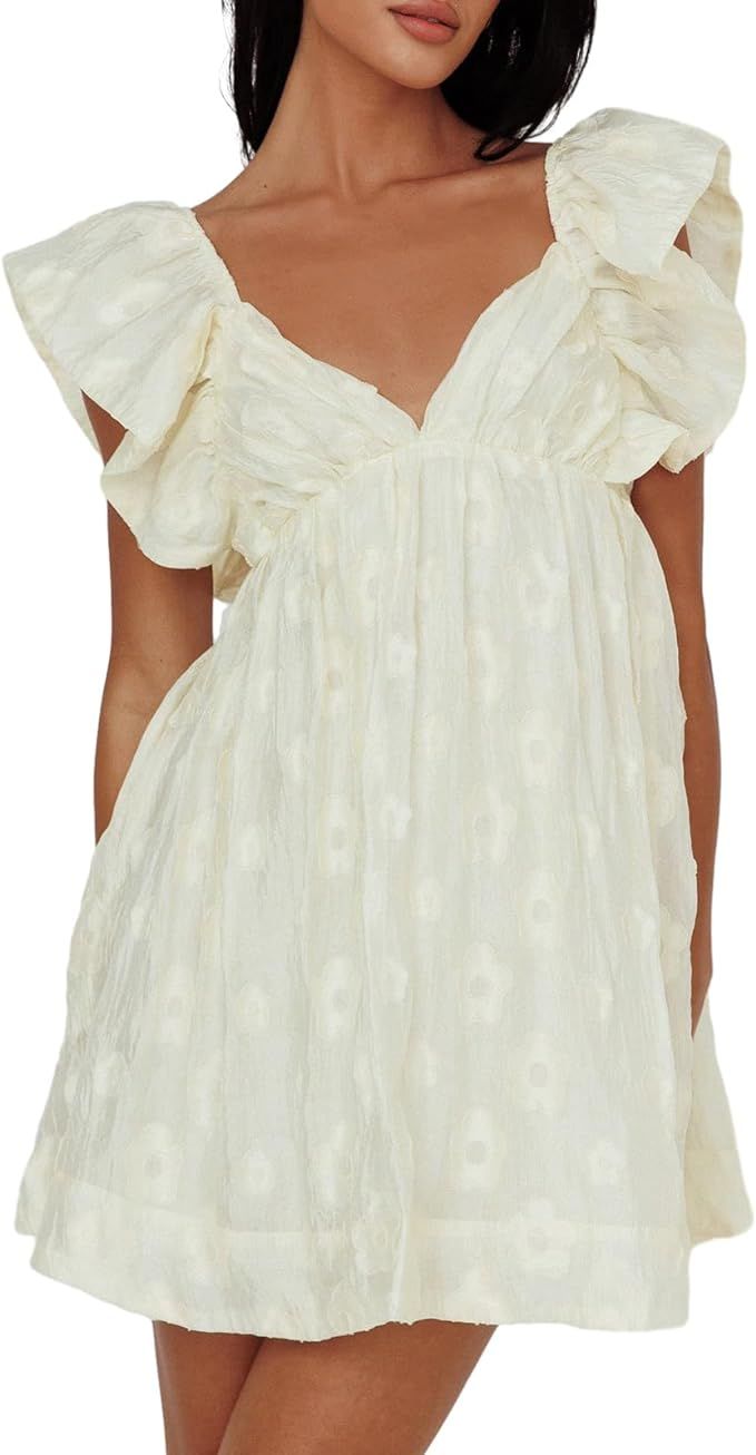 Women Y2K Floral Deep V Neck Mini Dress Ruffle Sleeve Tie Back A-Line Dress Beach Holiday Summer ... | Amazon (US)