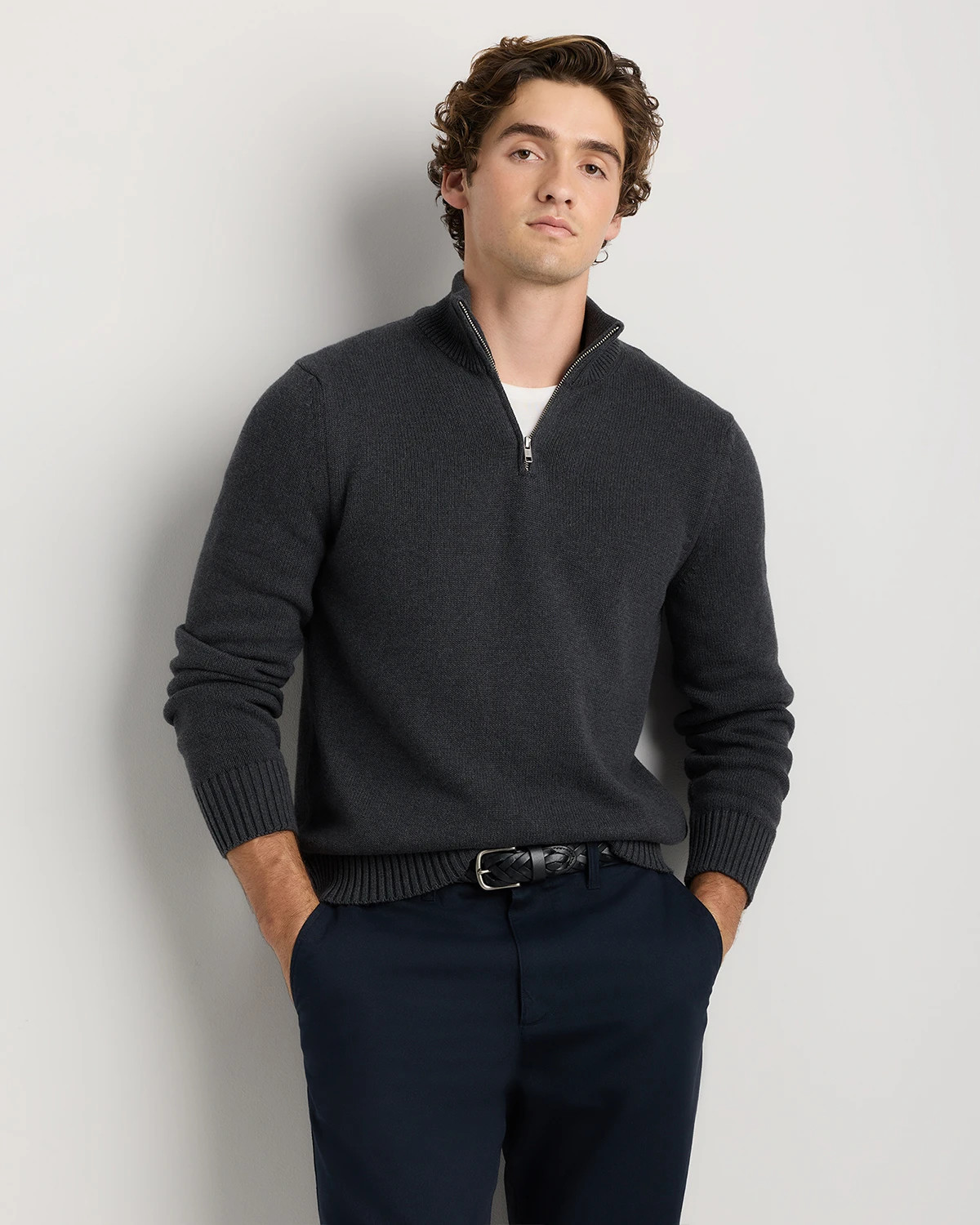 Quince | Men's Quarter-Zip Sweater in Speckled Beige, Size Medium, Organic Cotton | Quince
