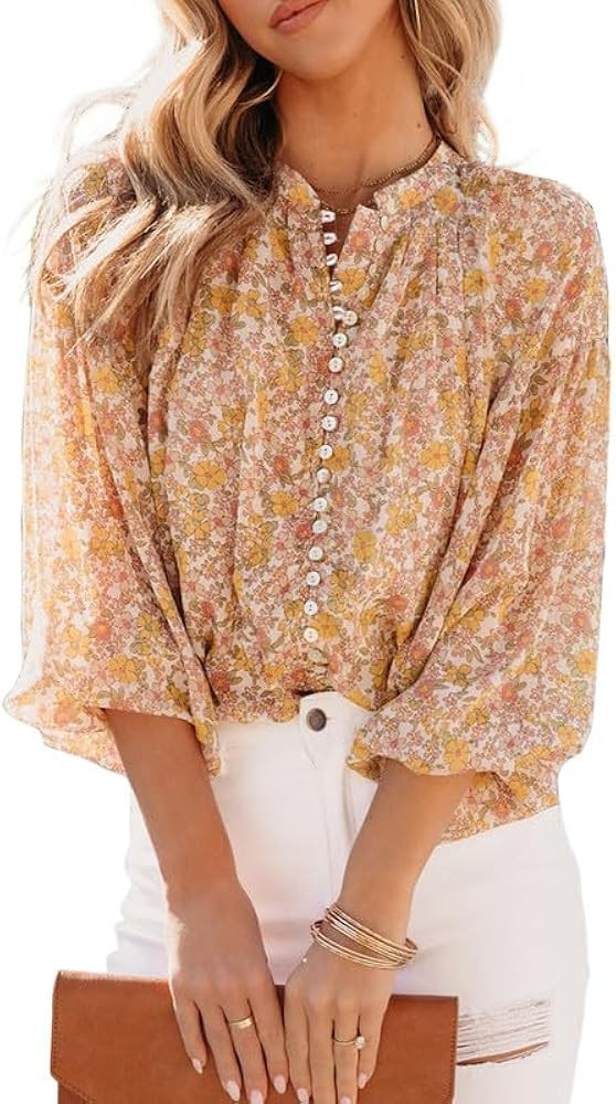 SHEWIN Women's Tops Casual V Neck Lantern Long Sleeve Boho Floral Print Button Down Shirts Chiffo... | Amazon (US)