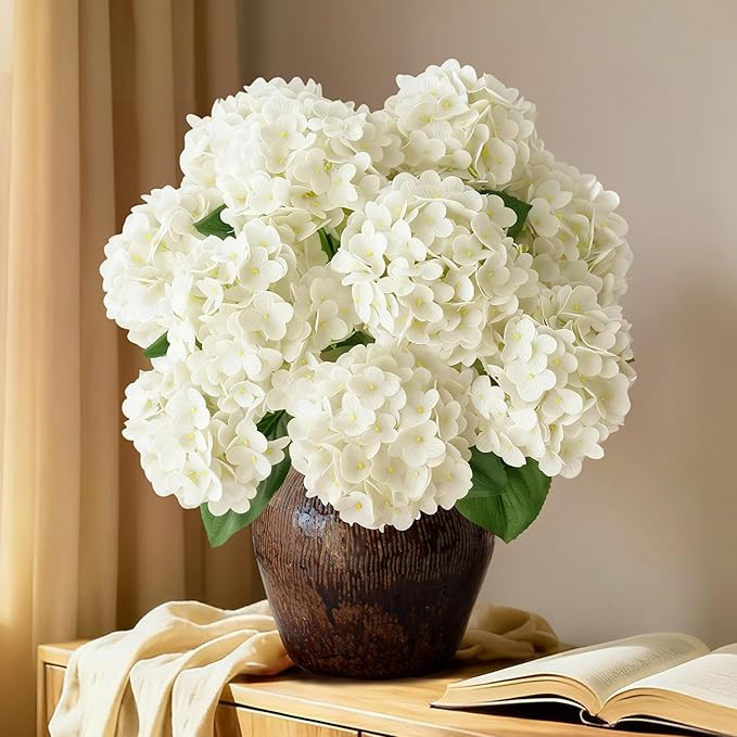 A Bunch 21in White Real Touch Hydrangea Artificial Flowers with 5pcs Flower Head 10pcs Leaves Fau... | Amazon (US)