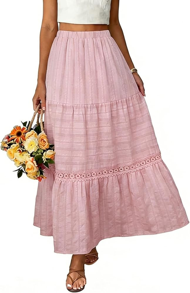 BLENCOT Long Skirts for Women Boho Crochet Lace High Waisted A-Line Cotton Tiered Maxi Skirt | Amazon (US)