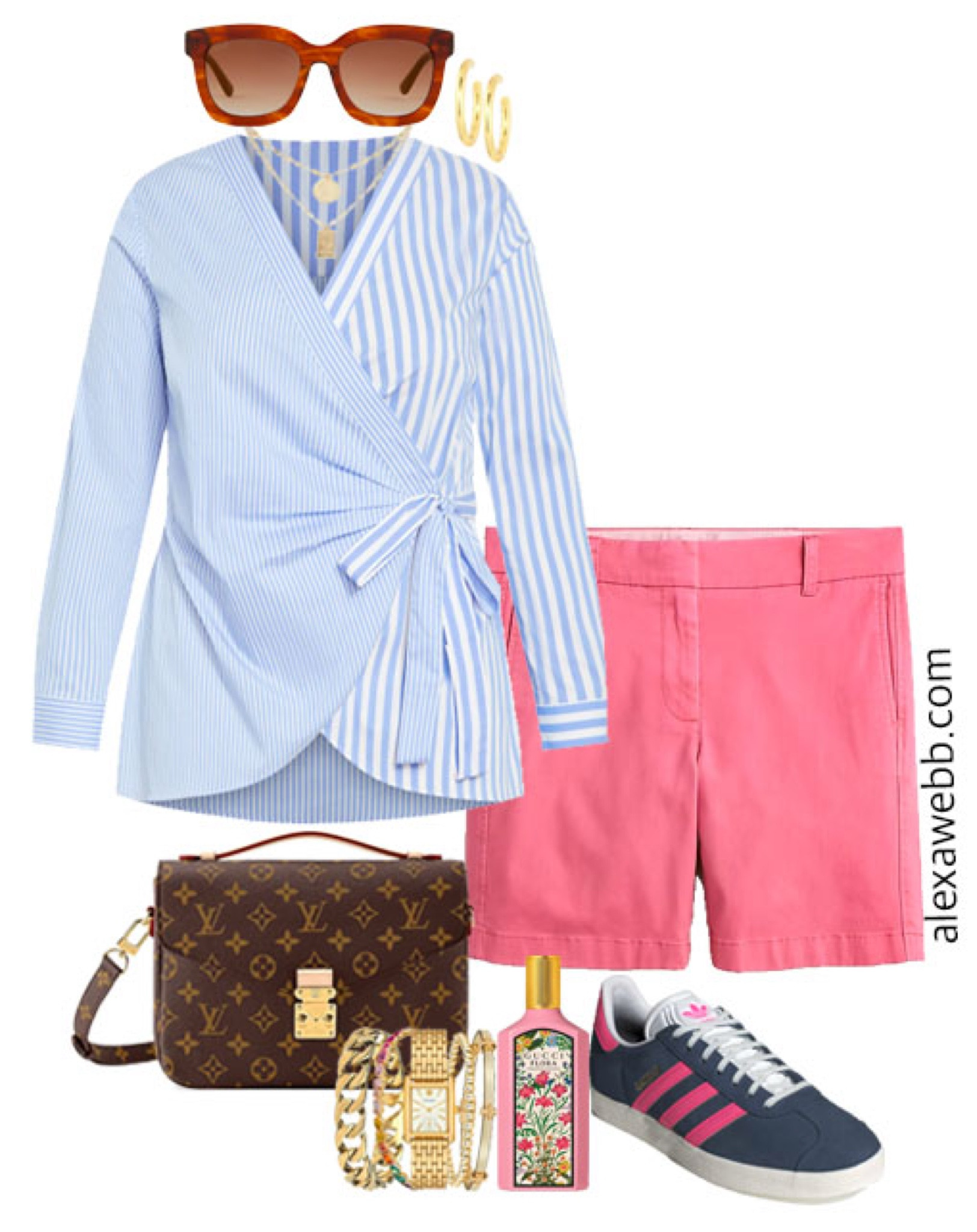 Plus Size Early Spring Transition Outfits - A plus size blue stripe wrap shirt with pink chino shorts and adidas sneakers by Alexa Webb

#LTKPlusSize #LTKSeasonal #LTKStyleTip