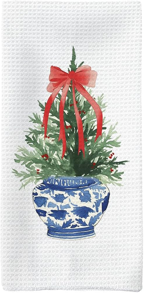 Christmas Tea Towels, Blue and White Chinoiserie Christmas Decor Kitchen Towels, Red Bow Ribbon C... | Amazon (US)