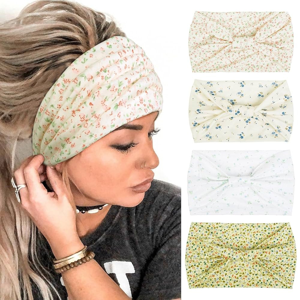 4 Packs Wide Headbands for Women Knotted Non Slip Fashion Cute Floral Printed Head Bands for Wome... | Amazon (US)