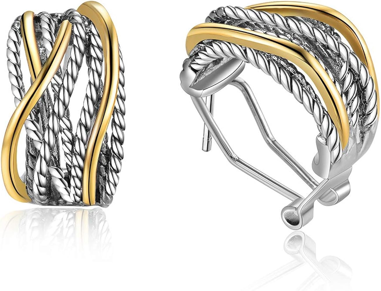 Two Tone Huggie Hoop Earrings Cross Over Design Twisted Rope Silver Gold Statement Wide Band Clip... | Amazon (US)
