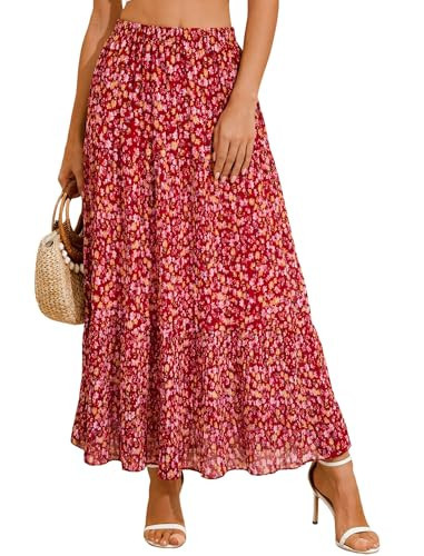 Boho Floral Skirts for Women Summer Casual Elastic High Waist Flowy Maxi Skirt A-Line Tiered Long Skirt Beach Holiday | Amazon (US)