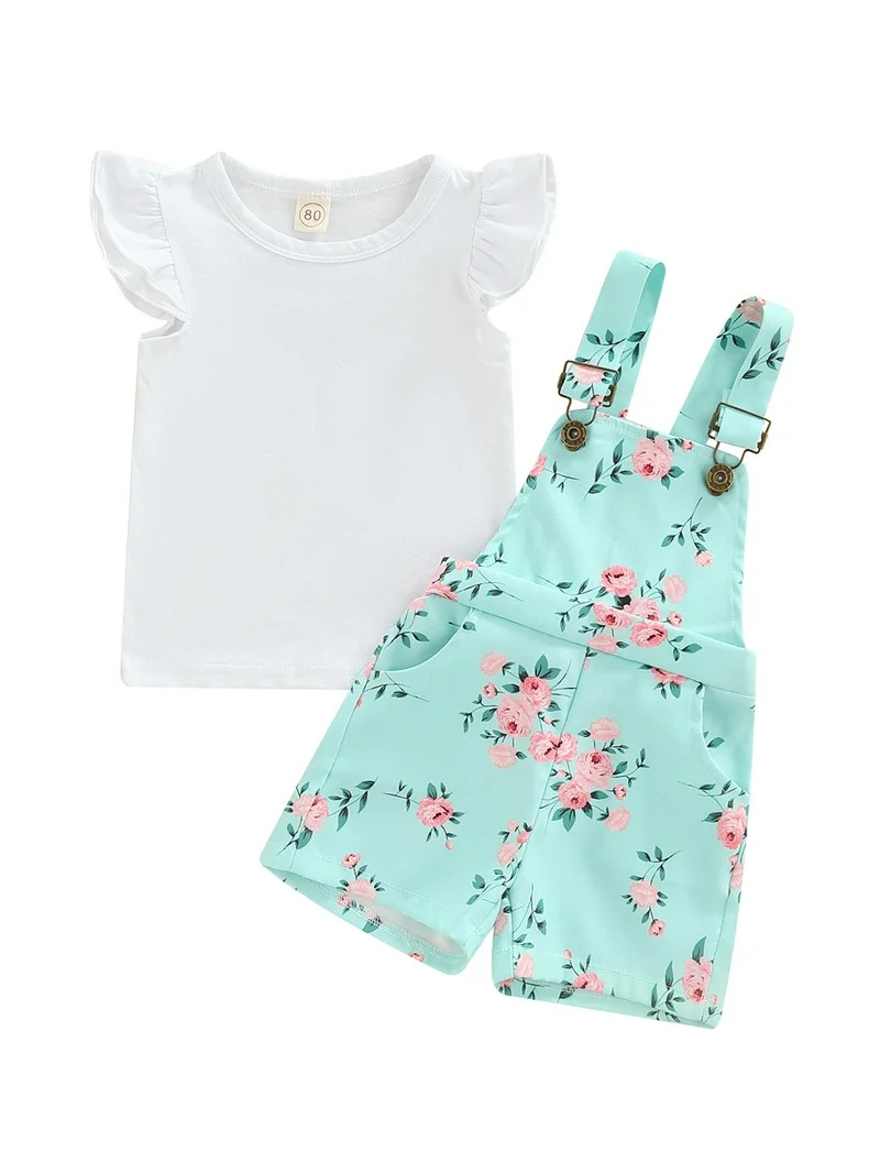 Bagilaanoe 2pcs Toddler Baby Girls Short Overalls Set Fly Sleeve T Shirt Tops + Floral Patterns S... | Walmart (US)