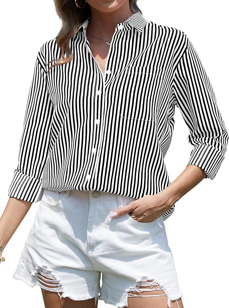 CUNLIN Grade 4 Wrinkle-Resistant Women's Button Down Shirts Striped Long Sleeve Collared Blouses ... | Amazon (US)