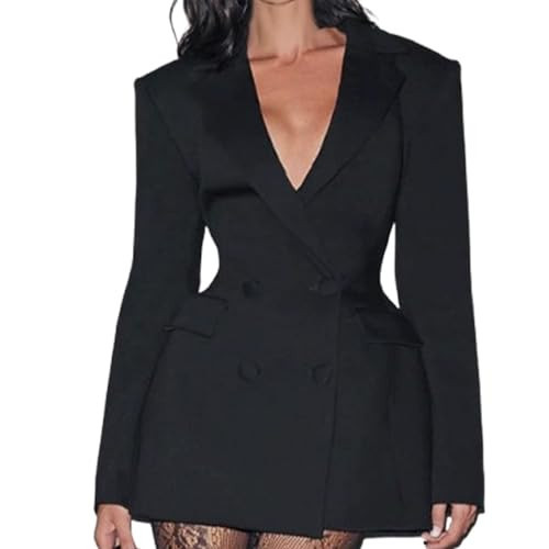 Women’s Satin Blazer Dress V Neck Double Breasted Long Sleeve Lapel Formal Cocktail Party Mini Dress (Black,Large) | Amazon (US)