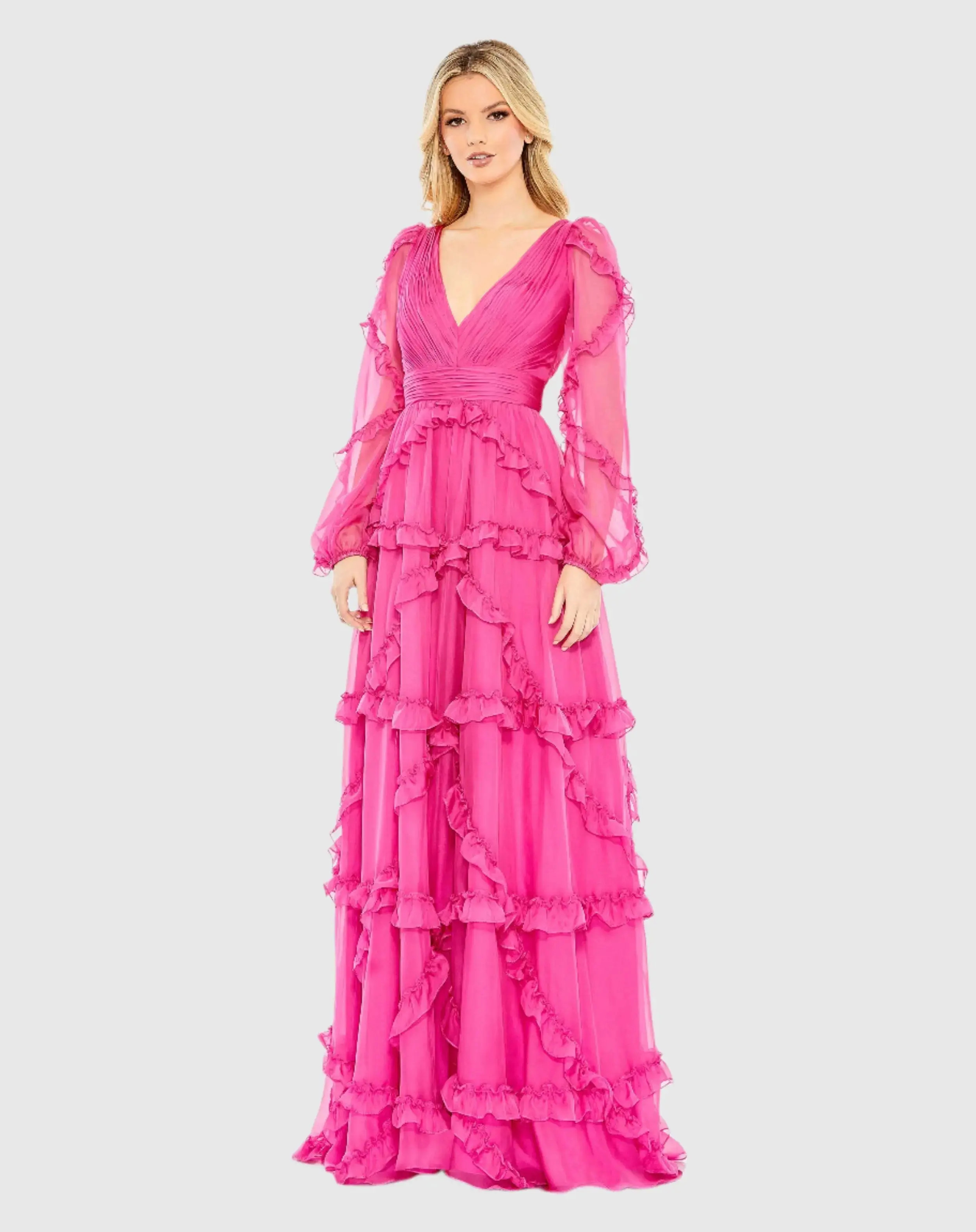 Mac Duggal - Pink Ruffle A-line Gown with Sheer Long Sleeves - US 10 | Mac Duggal