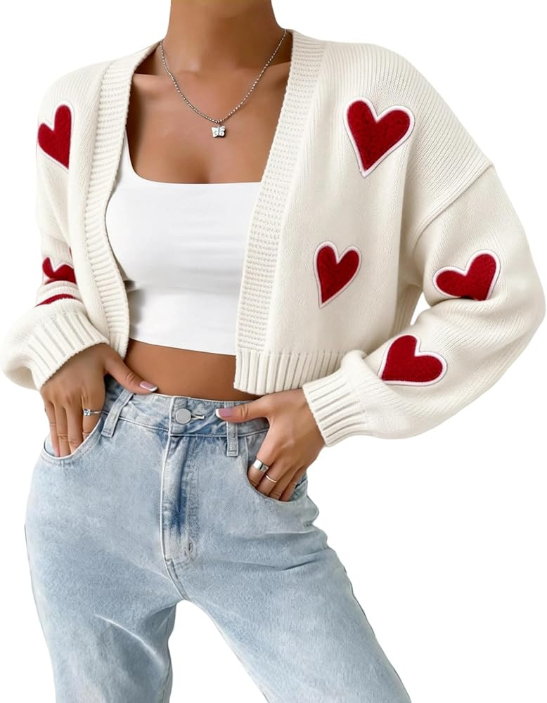 Valentine Sweaters for Women Fluffy Heart Embroidery Cropped Cardigan Open Front Long Sleeve Drop... | Amazon (US)