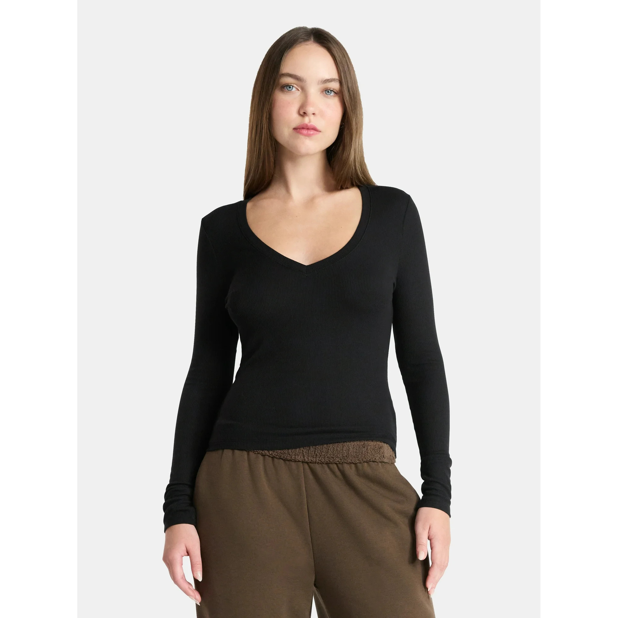No Boundaries V-Neck Ribbed Top with Long Sleeves, Women’s | Walmart (US)