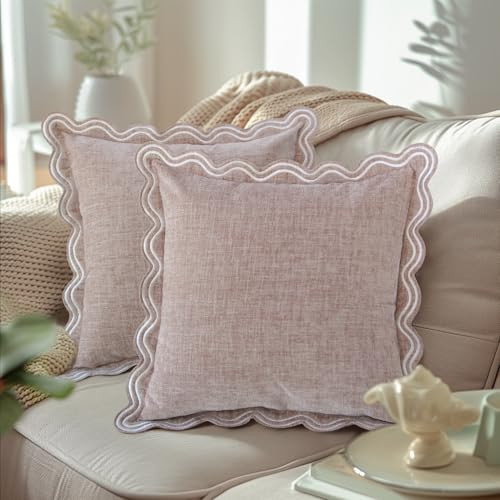TINYSUN Scalloped Decorative Pillow Covers - Set of 2, Double-Sided Embroidered Scallop Design, Premium Chenille Cushion Covers for Living Room Sofa Couch Bed(Dusty Pink,18x18 Inch) | Amazon (US)