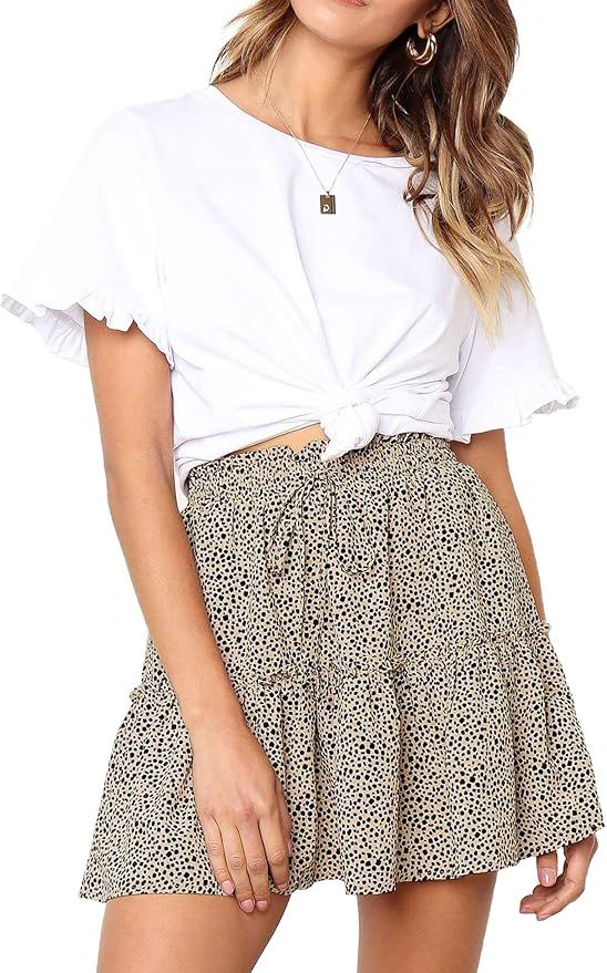 Relipop Women's Flared Short Skirt Polka Dot Pleated Mini Skater Skirt with Drawstring | Amazon (US)