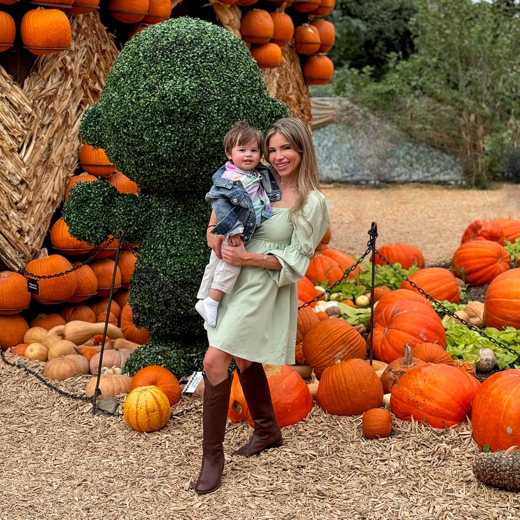Back in October 🎃 Im wearing a mint green square neck puff sleeve dress from amazon with brown leather knee high boots by frye. P is wearing a colorful button up shirt, jean jacket, and khaki pants from gap; and white slip on shoes from amazon.

#LTKfamily #LTKSeasonal #LTKkids