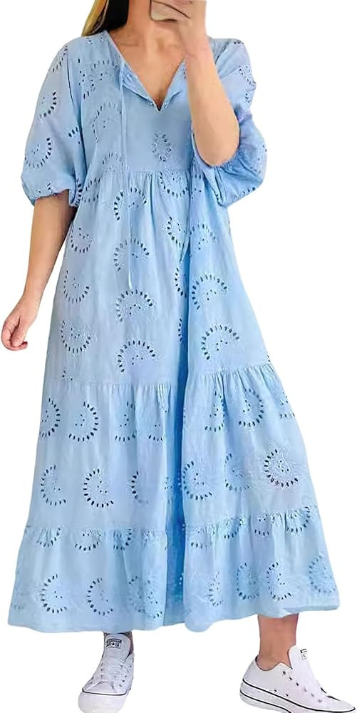 chouyatou Women's Summer Loose Floral Lace Eyelet Dress Boho Casual Notch Neck Maxi Tunic Beach D... | Amazon (US)