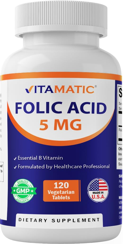 Vitamatic Folic Acid 5mg (5000 mcg) – 120 Vegetarian Tablets High Potency Vitamin B9 (Folate) f... | Amazon (US)