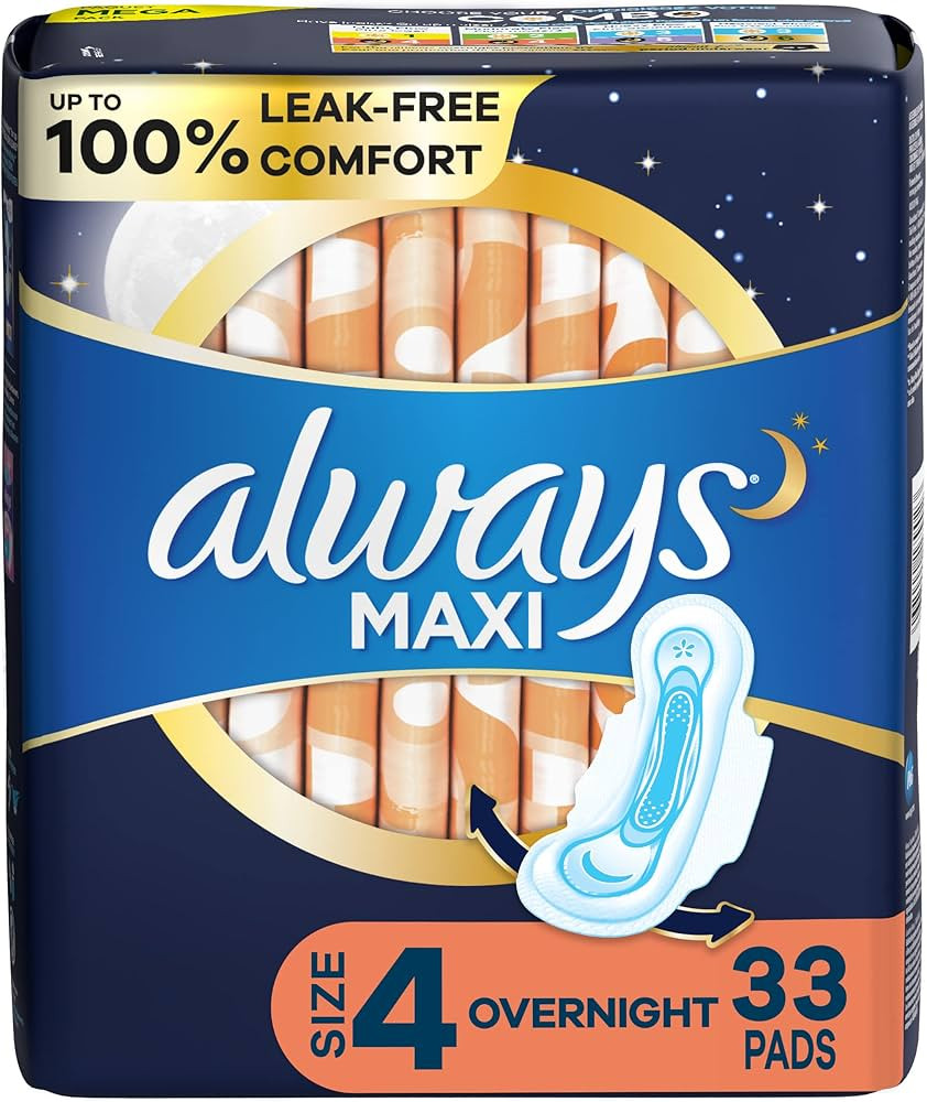 Always Maxi Pads Size 4 Overnight Absorbency Unscented with Wings, 33 Count | Amazon (US)