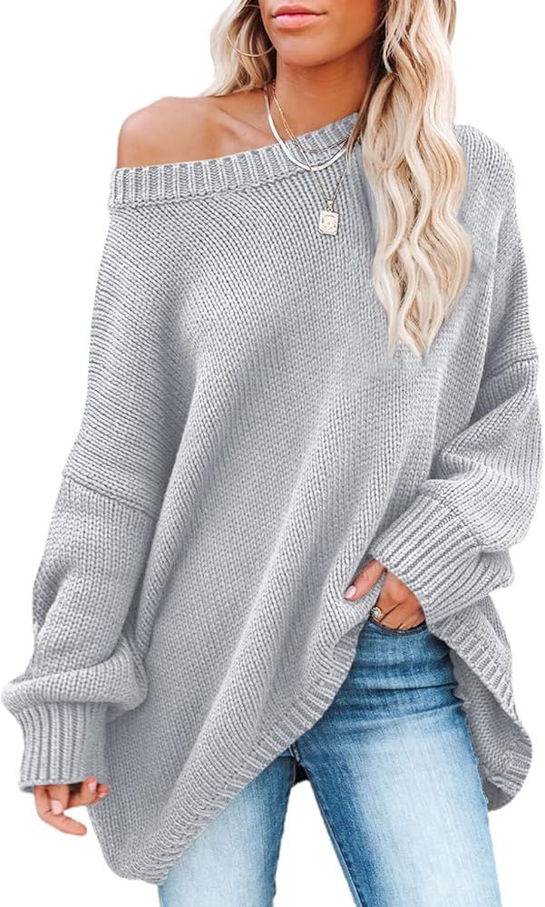 SHEWIN Women's Long Sleeve Oversized Crewneck Solid Color Knit Pullover Sweater Tops | Amazon (US)