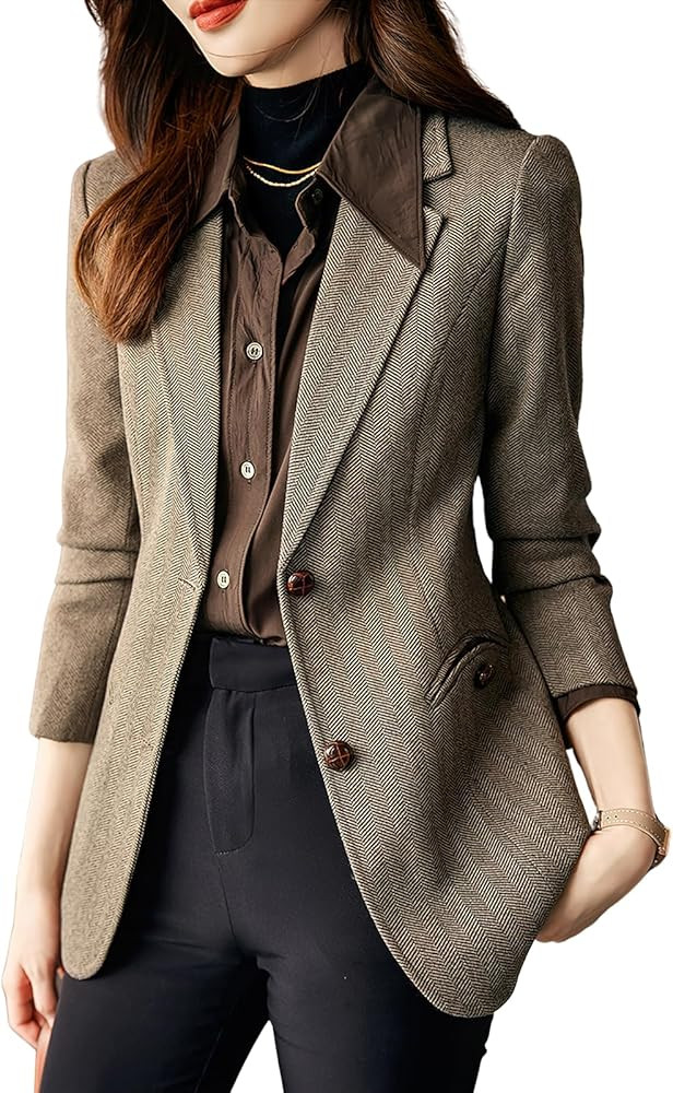 ebossy Women's Notched Lapel Plaid Herringbone Blazer Jacket Classic Single Breasted Slim Wool Bl... | Amazon (US)