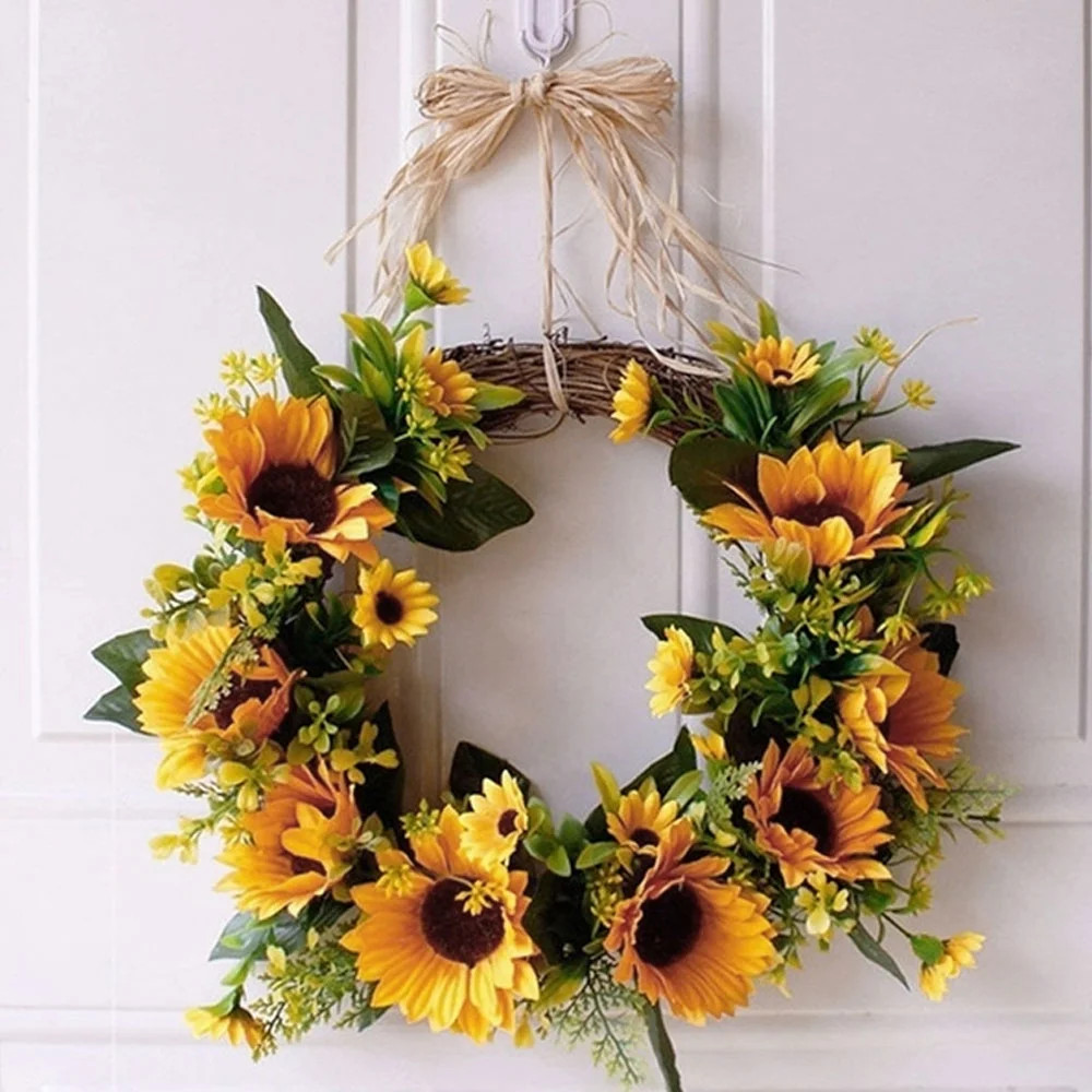 Willstar Artificial Sunflower Wreath with Yellow Sunflower and Green Leaves Front Door Wreaths fo... | Walmart (US)