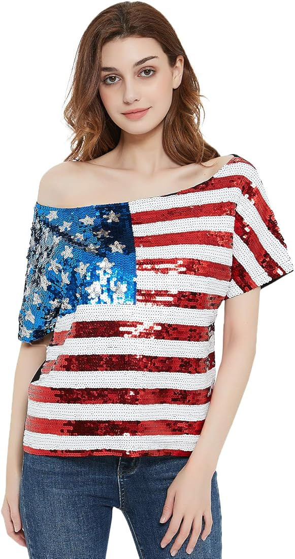 Anna-Kaci Womens Patriotic American USA Flag Sequin Cami Shirt Blouse Tank Top | Amazon (US)