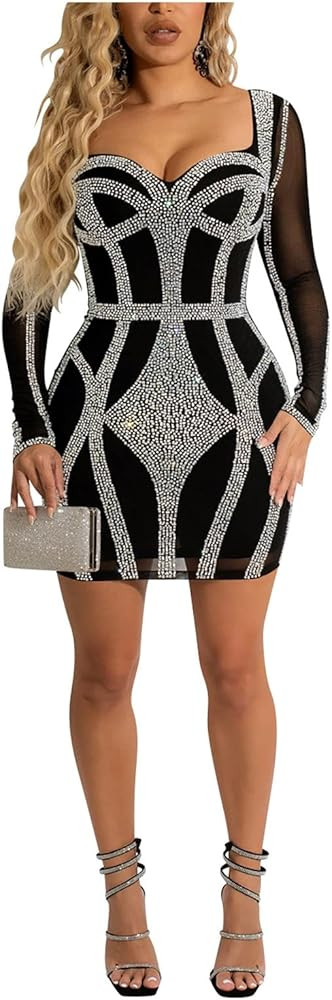 Sexy Rhinestone Crystal Mesh Patchwork Sheer Bodycon Dress Womens See-Through Birthday Clubwear D... | Amazon (US)