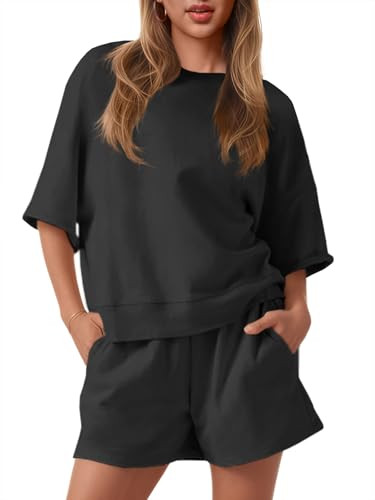 Fisoew Womens 2 Piece Outfits Casual Oversized Cropped Sweatshirt and High Waist Running Shorts Tracksuit Sets | Amazon (US)