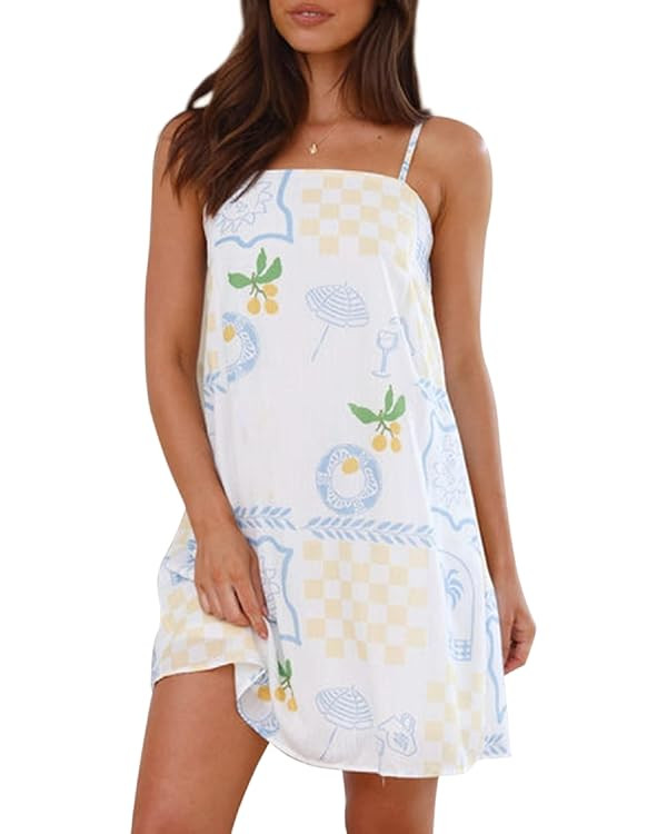 Women Floral Mini Cami Dress Boho Spaghetti Strap Aline Flowy Short Dress Y2k Cute Graphic Sundre... | Amazon (US)