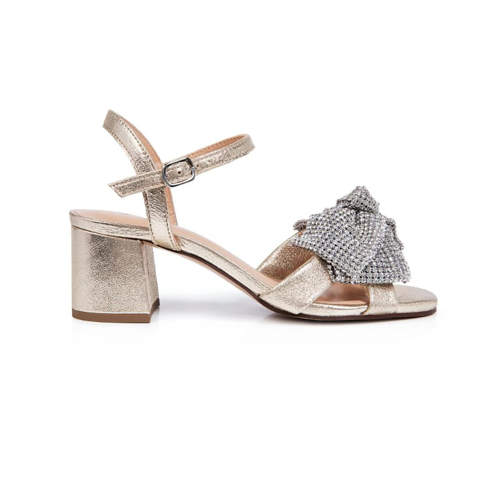 Abby: Gold Metallic & Diamante Bow Block Heel Sandals | Air & Grace