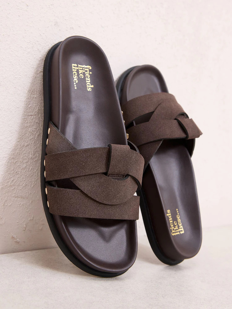 Friends Like These Chocolate Brown Faux Suede Woven Strap Studded Footbed Sandals | Next EU