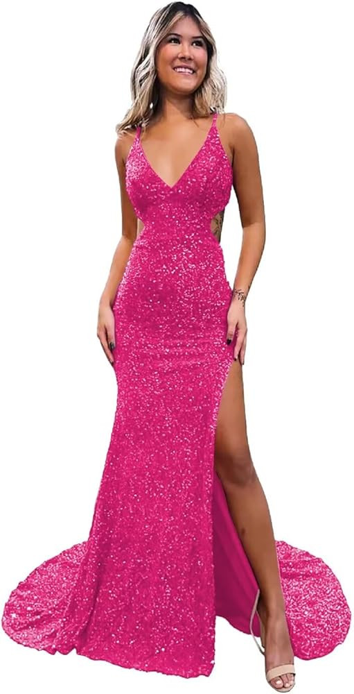 Dexinyuan Sexy Mermaid Sequin Prom Dresses 2026 Slit Spaghetti Straps Formal Party Evening Gown w... | Amazon (US)