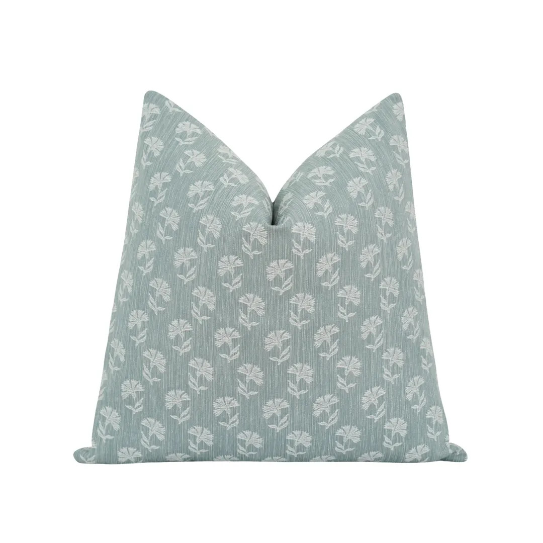 Spa Blue Small Scale Floral Pillow Cover • Refined Coastal or Transitional Accent • White Flo... | Etsy (US)