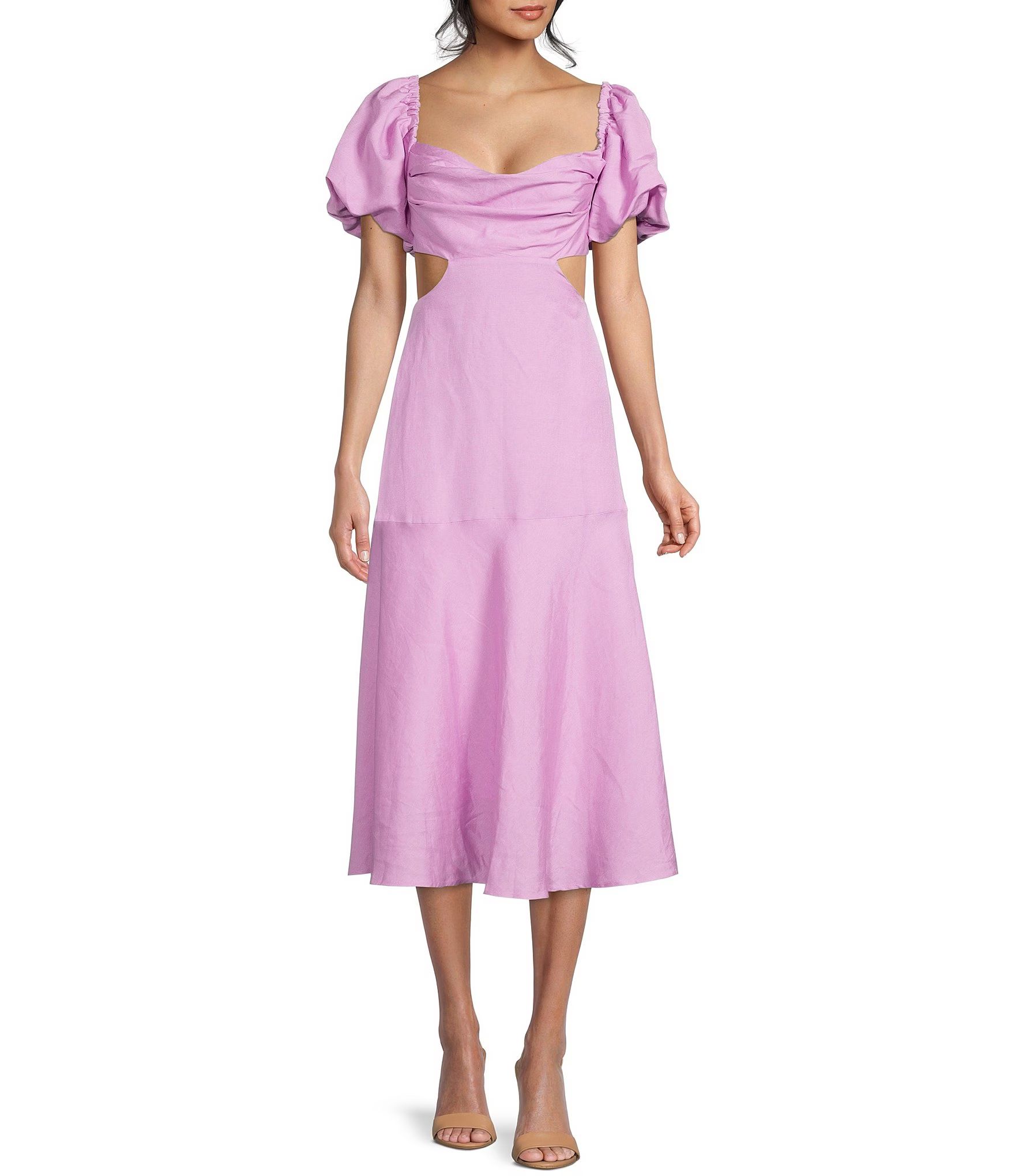 Winley Sweetheart Neck Short Puff Sleeve Cut-Out Open Back Midi Dress | Dillard's