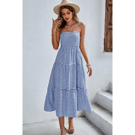 Gingham Tie-Shoulder Tiered Midi Dress | Walmart (US)