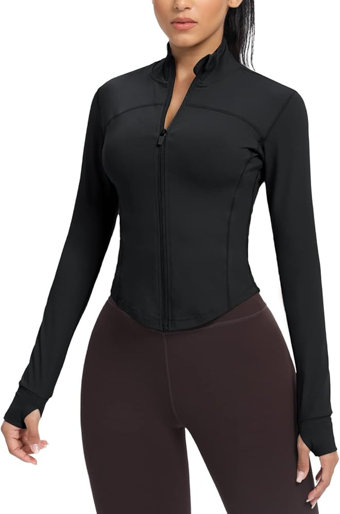 AVGO Women's Cropped Running Workout Jackets Zip Slim Fit Athletic Tops with Thumb Holes | Amazon (US)
