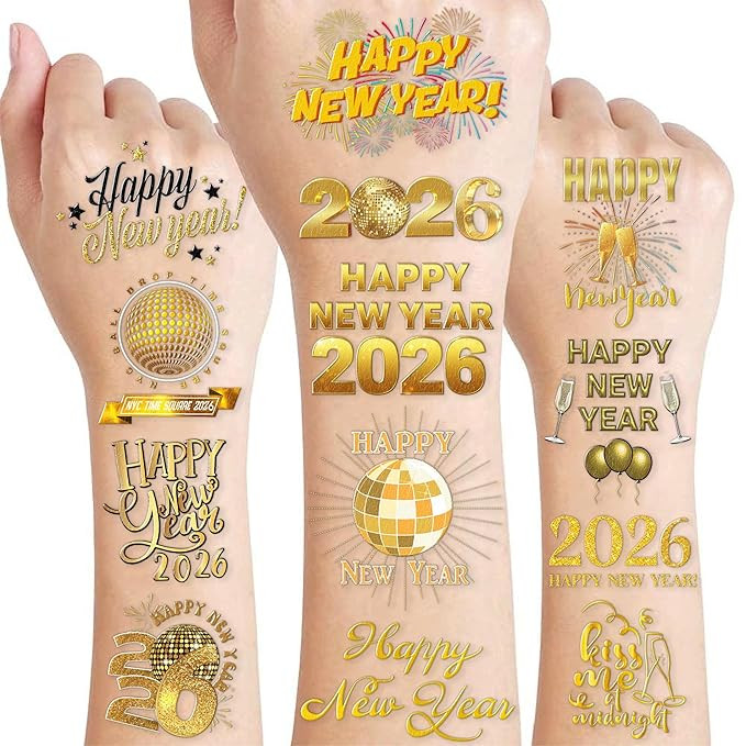 Happy New Year 2026 Temporary Tattoos Stickers – 96PCS Gold New Year’s Eve Party Favors, Deco... | Amazon (US)
