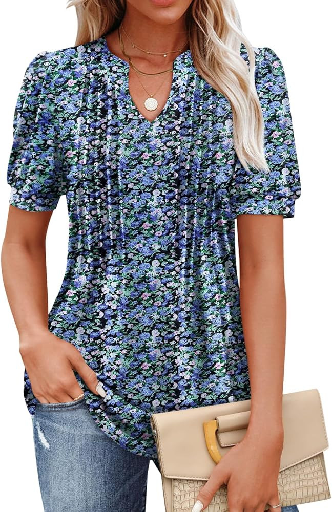 MIHOLL Women's V Neck Puff Long Sleeve T Shirts Pleated Casual Loose Tunic Blouse | Amazon (US)