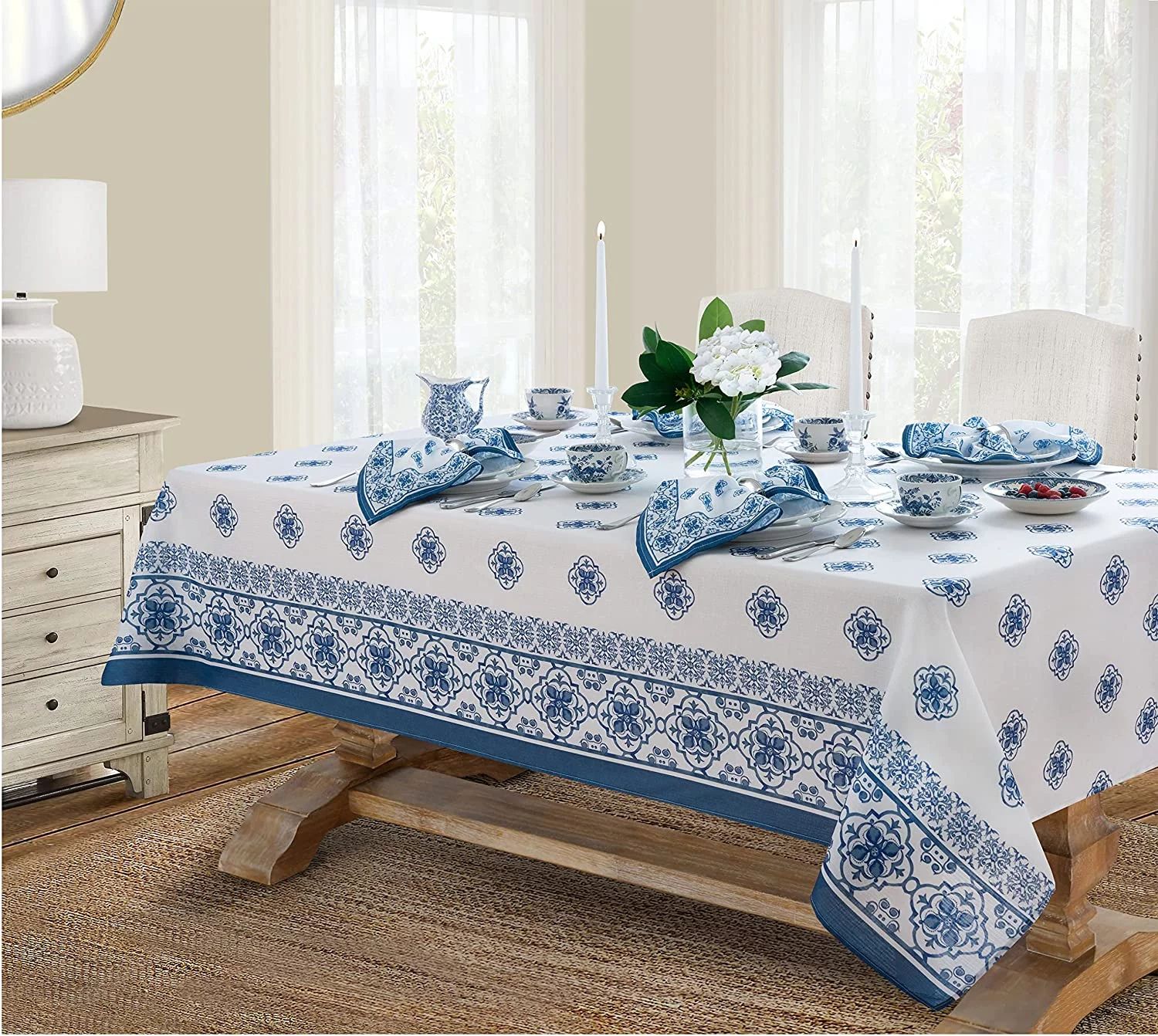Newbridge Mykonos Blue Mediterranean Tile Bordered Fabric Tablecloth - Blue Medallion Print Indoo... | Walmart (US)