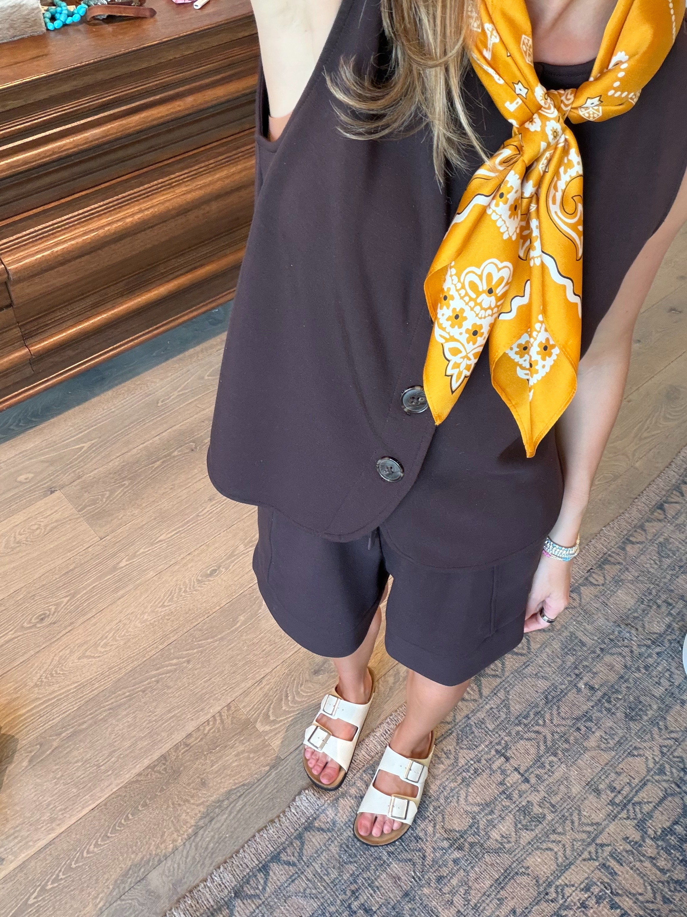 Varley button down vest and matching shorts (wearing XS) and madewell yellow bandana! 

 