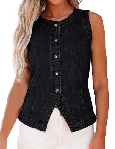 luvamia Denim Vest for Women Sleeveless Strechy Jean Vest Top Button Down Crewneck Casual Summer ... | Amazon (US)