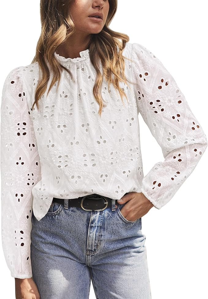 PRETTYGARDEN Tops for Women Trendy 2025 Spring Long Sleeve Blouses Dressy Casual Embroidered Eyel... | Amazon (US)