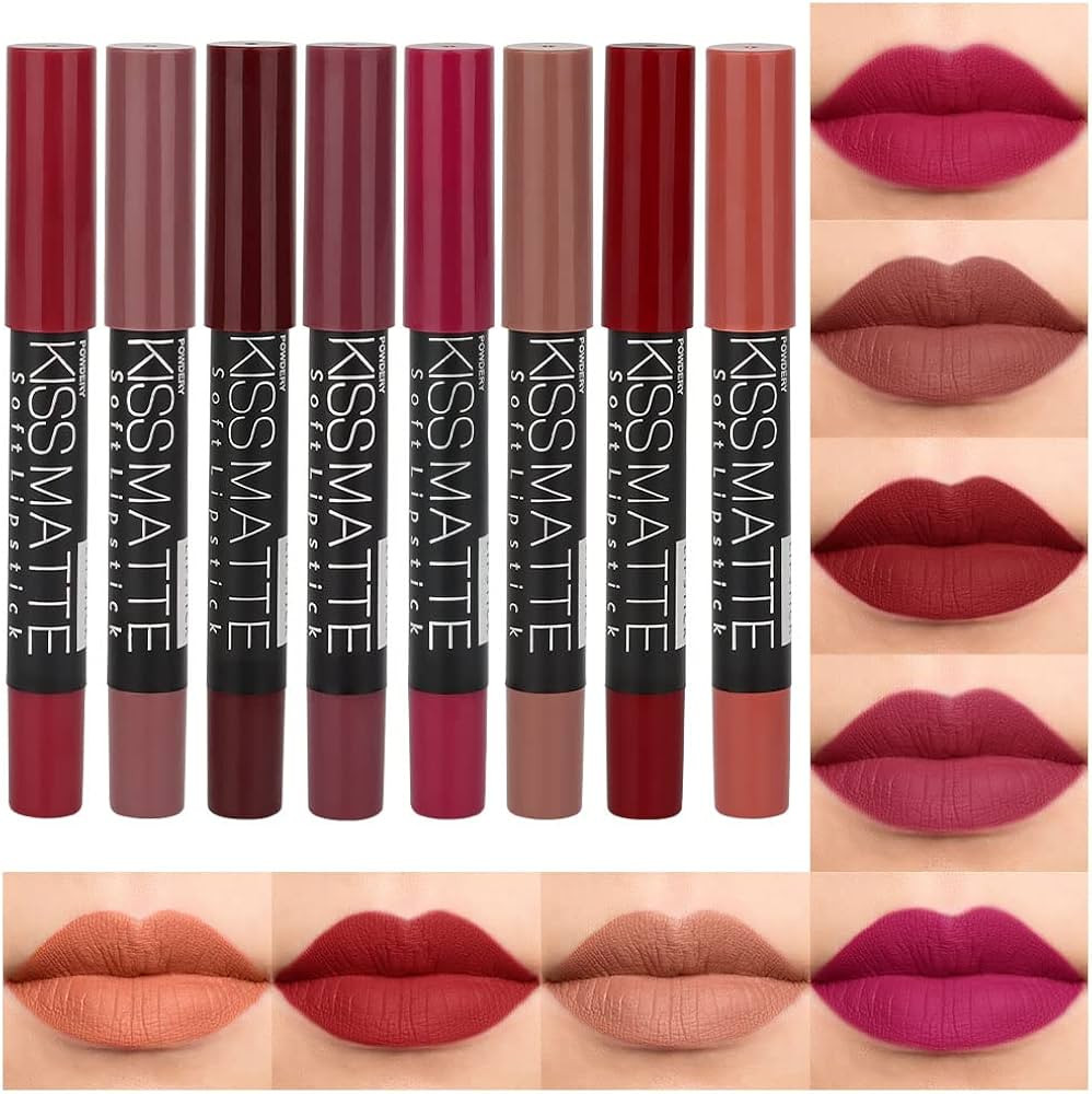 evpct 8Pcs Dark Ruby Red Plum Purple Wine Nude Beige Brown Matte Lipstick and Lip Crayon Lip Line... | Amazon (US)