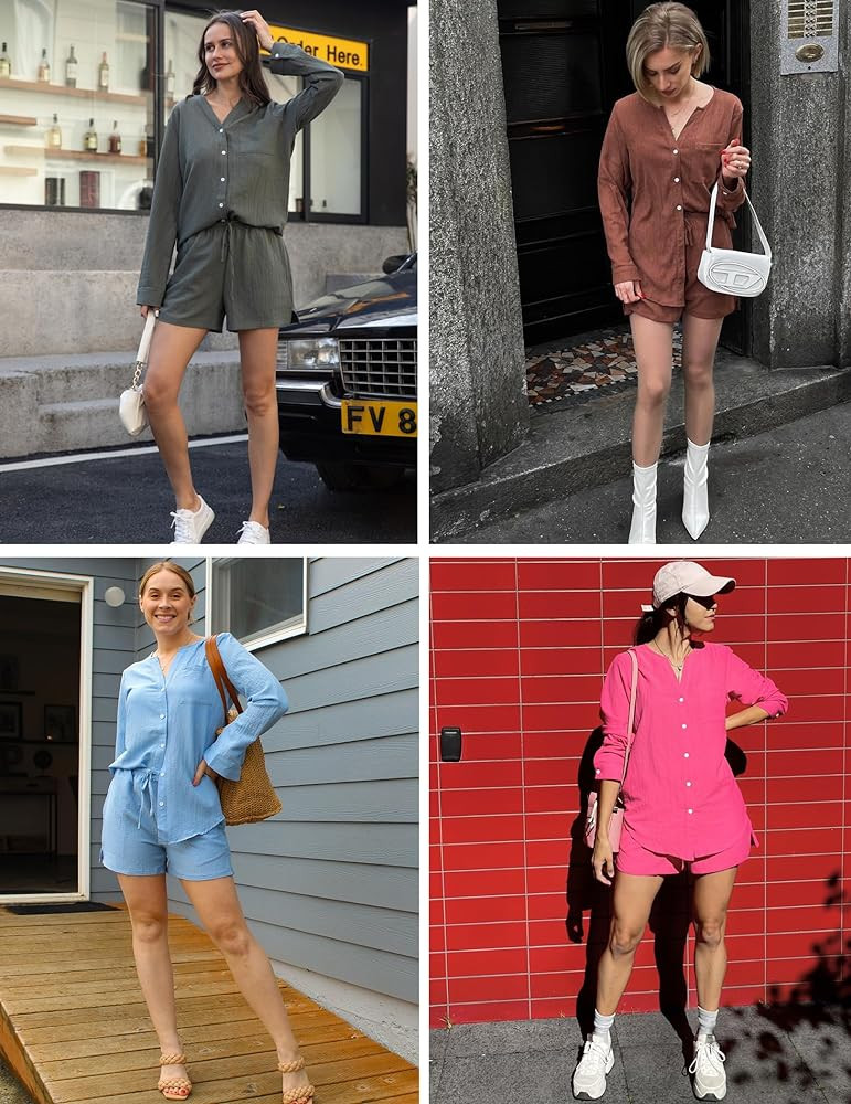 Ekouaer Summer Outfits for Women 2 Piece Sets Lounge Sets V Neck Button Down Shirt and Shorts Lou... | Amazon (US)