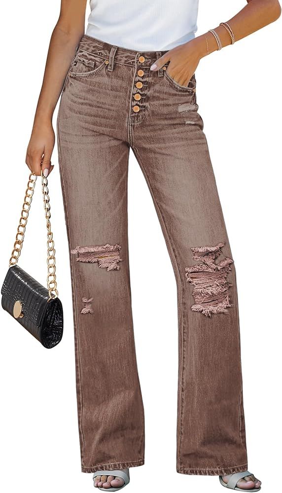 GRAPENT Ripped Jeans for Women High Waist Stretchy Button Fly Denim Flare Wide Leg Distressed Jea... | Amazon (US)