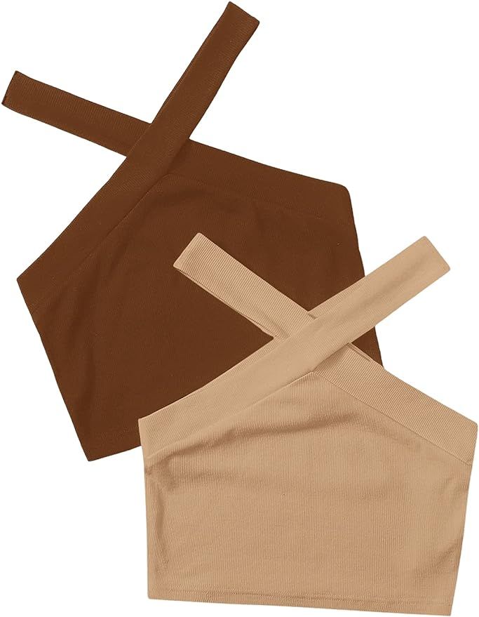 SheIn Women's 2 Packs Crisscross Sleeveless Crop Halter Top Rib Knit Solid Tanks | Amazon (US)