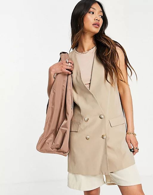 Mango sleeveless tailored double breasted waistcoat  blazer co-ord in camel | ASOS (Global)