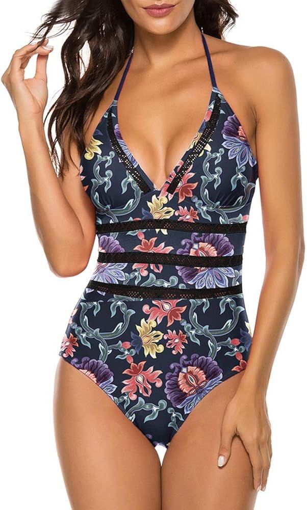 Alinemyer One Piece Swimsuits for Women Halter V Neck Monokini Swimwear Bathing Suit | Amazon (US)