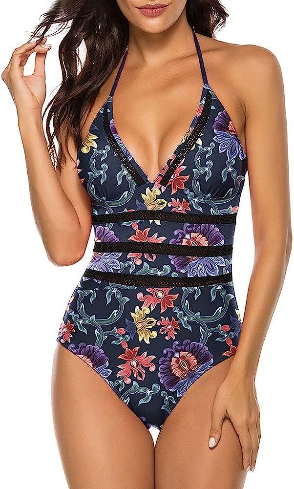 Alinemyer One Piece Swimsuits for Women Halter V Neck Monokini Swimwear Bathing Suit | Amazon (US)